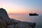 Shipwreck and rocks on the seashore in Costinesti, Romania