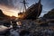 a shipwreck on a rocky beach