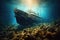 Shipwreck in the sea. Underwater world. 3d rendering, Titanic shipwreck lying silently on the ocean floor. The image showcases the