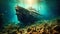 Shipwreck in the sea. Underwater world. 3d rendering, Titanic shipwreck lying silently on the ocean floor. The image showcases the