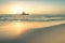 Shipwreck at sunset on the namibian Skeleton Coast