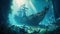Shipwreck underwater, derelict wreck of old sailing ship under water, generative AI
