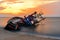 Shipwreck or wrecked boat on beach in the suset. Beautiful Landscape