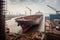 shipyard, with view of massive ship under construction on floating drydock