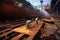 shipyard, with workers busy welding and painting steel hulls