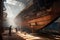 shipyard, with workers welding and hammering on hull of new ship