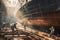 shipyard, with workers welding and hammering on hull of new ship