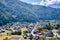 Shirakawa Historical Japanese. Shirakawago village in autumn from aerial view. House build by wooden with roof gassho zukuri style