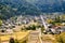 Shirakawa Historical Japanese. Shirakawago village in autumn from aerial view. House build by wooden with roof gassho zukuri style