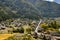 Shirakawa Historical Japanese. Shirakawago village in autumn from aerial view. House build by wooden with roof gassho zukuri style