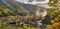 Shirakawago village Gifu Japan panorama, Gassho house in autumn foliage