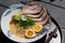 Shiro Miso Ramen Pork chasu, ajitsuke egg, menma, pork bone stock, chicken bone stock, and rye noodles
