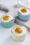 Shirred baked eggs for breakfast. Selective focus copy space