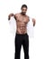 Shirt, black man and abs with muscle, fitness and confident guy isolated on a white studio background. African person