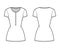 Shirt dress mini technical fashion illustration with henley neck, short sleeves, fitted body, Pencil fullness, stretch