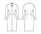 Shirt dress technical fashion illustration with classic regular collar, knee length, fitted body, long sleeve, button up