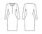 Shirt dress technical fashion illustration with henley neck, long sleeves, knee length, fitted body, Pencil fullness.