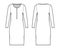 Shirt dress technical fashion illustration with henley neck, long sleeves, knee length, oversized, Pencil fullness. Flat