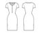 Shirt dress technical fashion illustration with henley neck, short sleeves, knee length, fitted body, Pencil fullness.