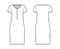 Shirt dress technical fashion illustration with henley neck, short sleeves, knee length, oversized, Pencil fullness Flat