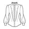 Shirt habit technical fashion illustration with long puff sleeves, jabot, slim fit, frilled collar, button-down, vintage