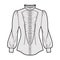 Shirt habit technical fashion illustration with long puff sleeves, jabot, slim fit, frilled collar, button-down, vintage
