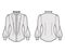 Shirt habit technical fashion illustration with long puff sleeves, jabot, slim fit, frilled collar, button-down, vintage