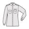 Shirt military technical fashion illustration with epaulette, flaps angled pockets, elbow fold long sleeve, relax fit