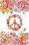 Shirt print on white background with colorful floral summery border and hippie peace flowers symbol