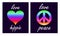 Shirt prints variation with colorful heart shape and hippie peace symbol on black background. Fashion design for t-shirt, bag, pos