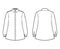 Shirt trapeze technical fashion illustration with elbow folded long sleeves with cuff, classic regular collar, oversized