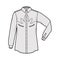 Shirt western technical fashion illustration with elbow fold long sleeves, reinforced pockets, relax fit, yokes, button