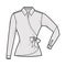 Shirt wrap technical fashion illustration with bow tie closure, elbow folded long sleeves, classic collar, fitted body