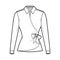 Shirt wrap technical fashion illustration with bow tie closure, long sleeves, classic collar, fitted body. Flat blouse