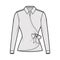 Shirt wrap technical fashion illustration with bow tie closure, long sleeves, classic collar, fitted body. Flat blouse