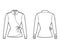 Shirt wrap technical fashion illustration with bow tie closure, long sleeves, classic collar, fitted body. Flat blouse