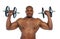 Shirtless african male holding dumbbells