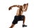 Shirtless man, with fit, relief, muscular body, professional athlete in motion, running against white studio background