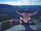 Shirtless man relaxing meditation with serene view mountains