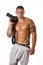 Shirtless young man with professional photo camera