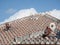 Shisa lion dog guardian on a traditional tile roof in Okinawa, Japan