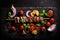 Shish kebab BBQ meat with onions and tomatoes. On a black background. Top view Rustic style