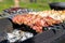 Shish kebab made from marinated pork and cooked on barbecue grill over charcoal. Traditional barbecue picnic food. Outdoor food