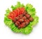 Shish kebab, tomato and green salad on white background.