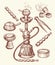 Shisha and accessories sketch. Hookah, kaloud, tongs, charcoal, tobacco. Hand drawn vintage vector illustration