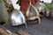 Shishak helmets of a medieval knight warrior on a chainmail