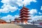 Shitennoji is one of the oldest Buddhist temple in Osaka, The five story pagoda and blue sky background at Shitennoji Temple, The