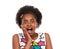 Shock, portrait and young black girl in a studio with wow, wtf or omg facial expression for good news. Sweet, excited