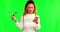 Shock, surprise face and woman with phone on green screen for notification, announcement and news. Gossip, what and
