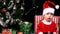 Shocked baby in santa outfit for christmas decorations and tree